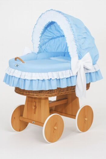Wicker Moses Basket with Folding Hood Bellamy - Natural+Blue Bedding