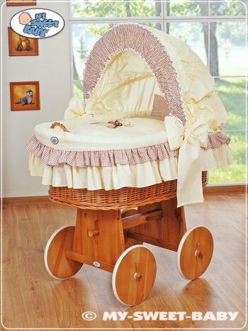 Moses Basket with Hood - Bear with Bow Natural+Cream-Brown Embroidered Bedding