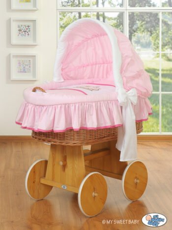 Moses Basket with Hood - Bear Barnaba Natural+Pink-White Embroidered Bedding