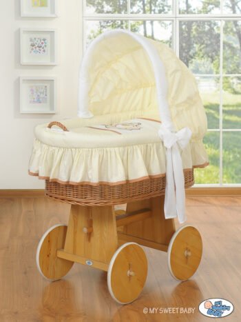 Moses Basket with Hood - Bear Barnaba Natural+Cream-White Embroidered Bedding
