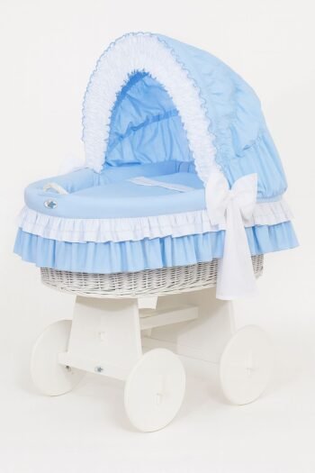Wicker Moses Basket with Folding Hood Bellamy - White+Blue Bedding