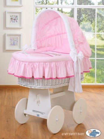 Moses Basket with Hood - Bear Barnaba White+Pink-White Embroidered Bedding