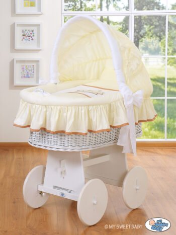 Moses Basket with Hood - Bear Barnaba White+Cream-White Embroidered Bedding