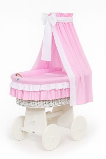 Wicker Moses Basket with Canopy Bellamy - White+Pink Bedding