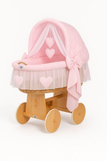 Wicker Moses Basket with Folding Hood Amelia - Natural+Pink Bedding