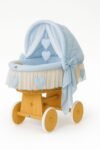 Wicker Moses Basket with Folding Hood Amelia - Natural+Blue Bedding