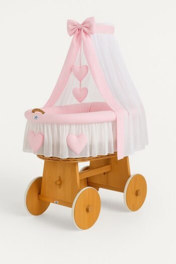 Wicker Moses Basket with Canopy Amelia - Natural+Pink Bedding