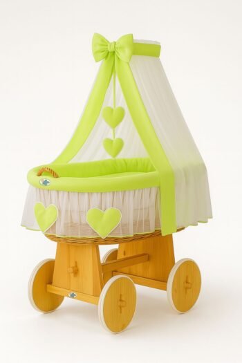 Wicker Moses Basket with Canopy Amelia - Natural+Green Bedding