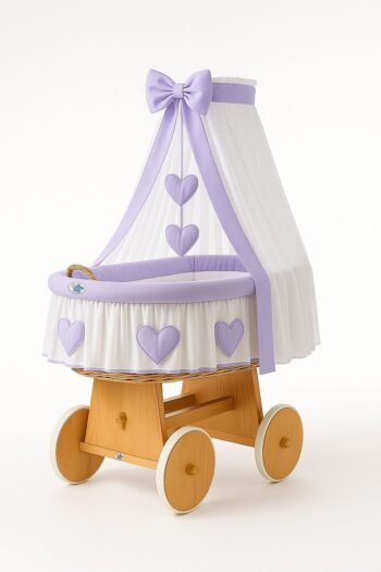 Wicker Moses Basket with Canopy Amelia - Natural+Purple Bedding