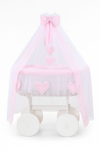 Wicker Moses Basket with Canopy Deluxe Amelia - White+Pink Bedding