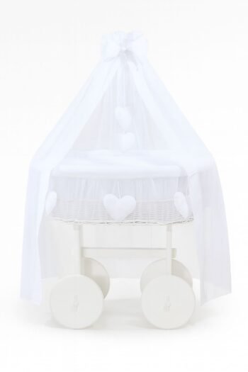 Wicker Moses Basket with Canopy Deluxe Amelia - White+White Bedding