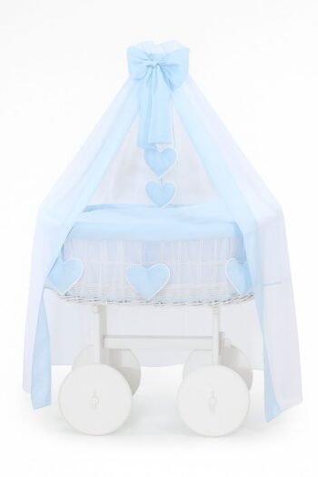 Wicker Moses Basket with Canopy Deluxe Amelia - White+Blue Bedding