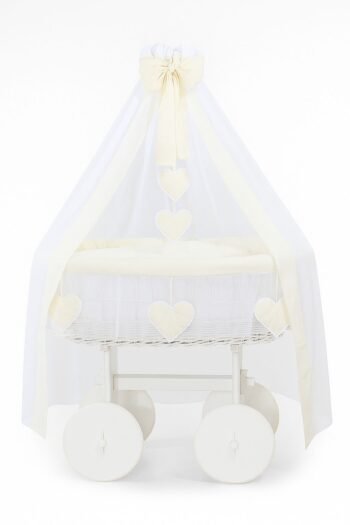 Wicker Moses Basket with Canopy Deluxe Amelia - White+Cream Bedding