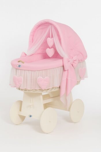 Wicker Moses Basket with Folding Hood Amelia - White+Pink Bedding