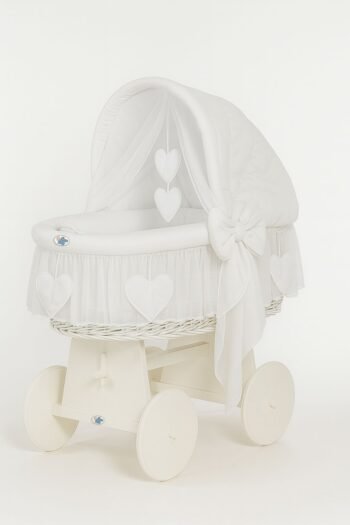 Wicker Moses Basket with Folding Hood Amelia - White+White Bedding