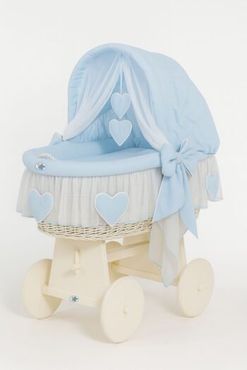 Wicker Moses Basket with Folding Hood Amelia - White+Blue Bedding
