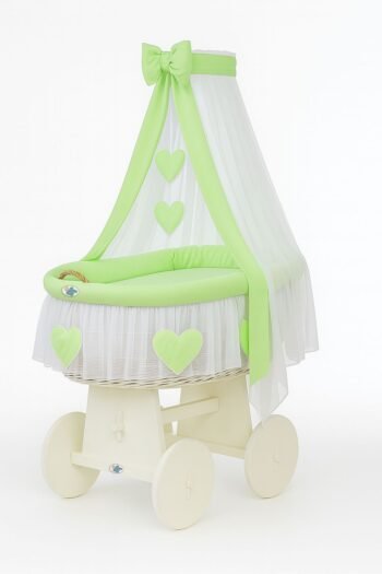 Wicker Moses Basket with Canopy Amelia - White+Green Bedding
