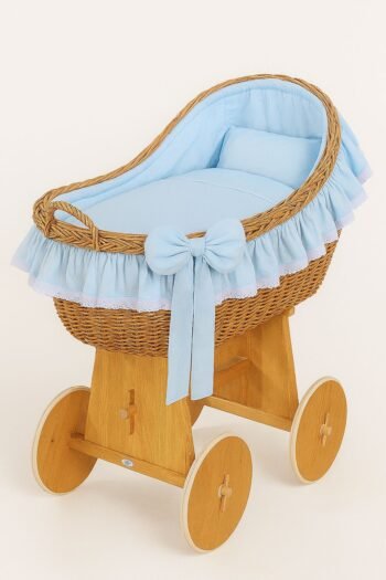 Wicker Moses Basket with Hood Wicker Carina - Natural+Blue Bedding