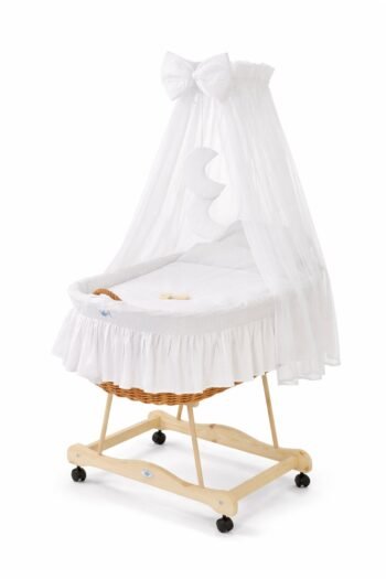 Wicker Moses Basket with Canopy Good Night - Natural+White Bedding