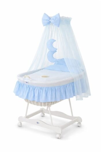 Wicker Moses Basket with Canopy Good Night - White+Blue Bedding