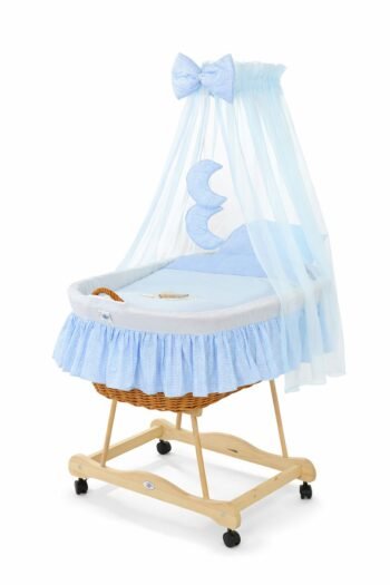 Wicker Moses Basket with Canopy Good Night - Natural+Blue Bedding