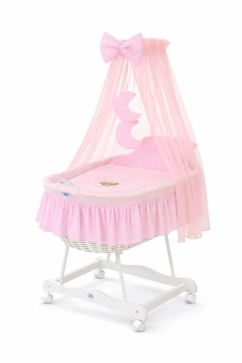 Wicker Moses Basket with Canopy Good Night - White+Pink Bedding