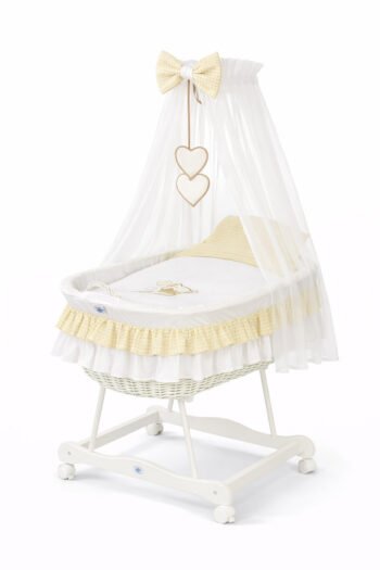 Wicker Moses Basket with Canopy Bear with Bow - White+White Bedding