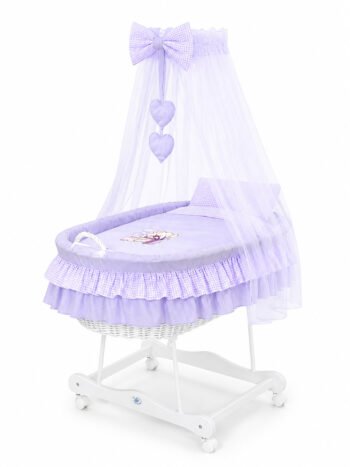 Wicker Moses Basket with Canopy Bear with Bow - White+Purple Bedding
