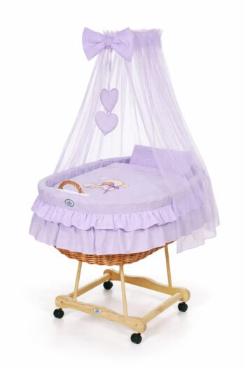 Wicker Moses Basket with Canopy Bear with Bow - Natural+Purple Bedding