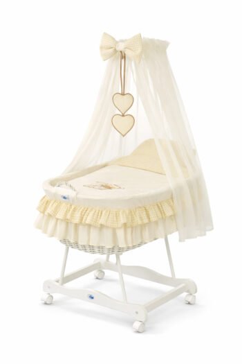 Wicker Moses Basket with Canopy Bear with Bow - White+Cream Bedding