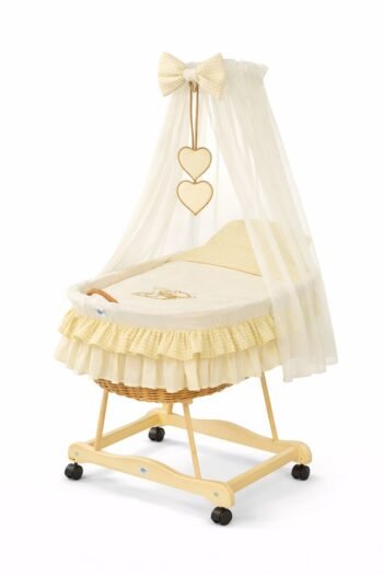Wicker Moses Basket with Canopy Bear with Bow - Natural+Cream Bedding