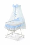 Wicker Moses Basket with Canopy Bear with Bow - White+Blue Bedding