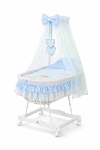 Wicker Moses Basket with Canopy Bear with Bow - White+Blue Bedding