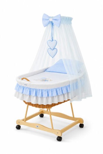 Wicker Moses Basket with Canopy Bear with Bow - Natural+Blue Bedding
