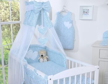 Bedding 5-Pc with 120x90 Canopy - Hanging Hearts Meadow Blue