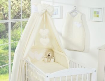 Bedding 5-Pc 120x90 with Canopy - Hanging Hearts Cream