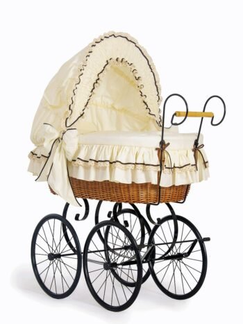 Wicker Moses Basket Retro with Folding Hood Emma - Natural+Cream Bedding with Lace