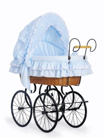 Wicker Moses Basket Retro with Folding Hood Victoria - Natural+Blue Bedding with Lace