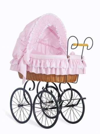 Wicker Moses Basket Retro with Folding Hood Victoria - Natural+Pink Bedding with Lace