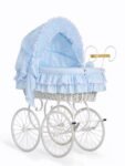 Wicker Moses Basket Retro with Folding Hood Victoria - White+Blue Bedding with Lace