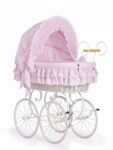 Wicker Moses Basket Retro with Folding Hood Victoria - White+Pink Bedding with Lace