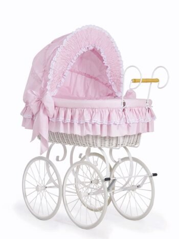 Wicker Moses Basket Retro with Folding Hood Victoria - White+Pink Bedding with Lace