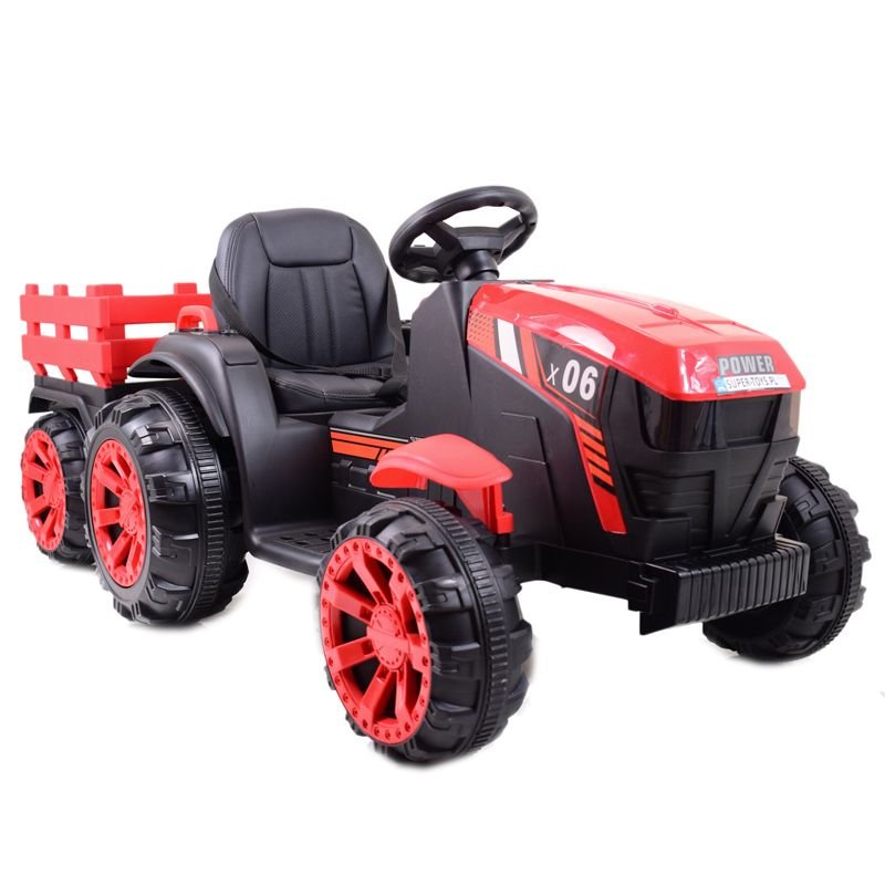 Red electric ride-on tractor with trailer