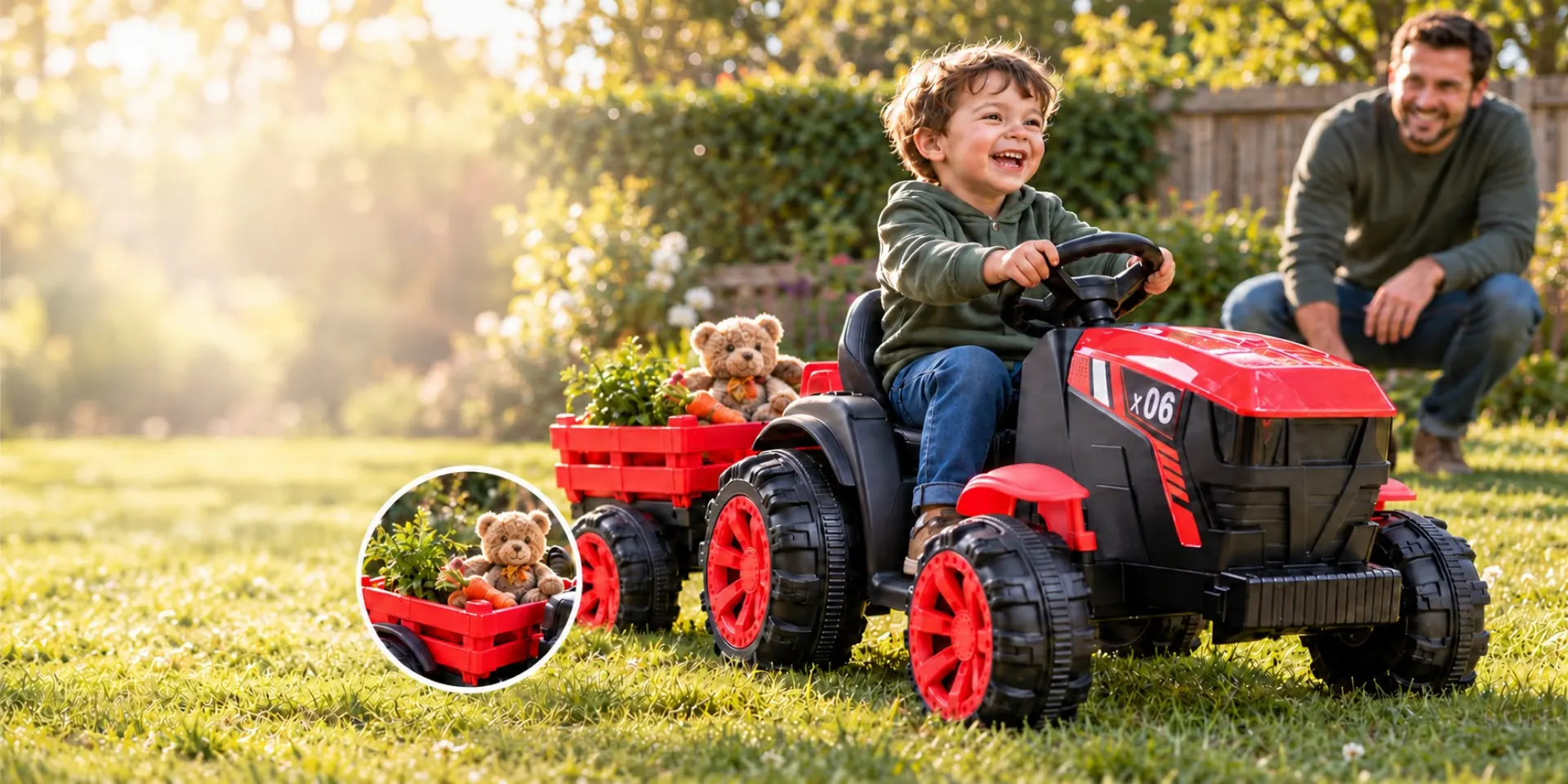 Child on a red ride-on tractor, with a parent nearby and a teddy in the trailer.