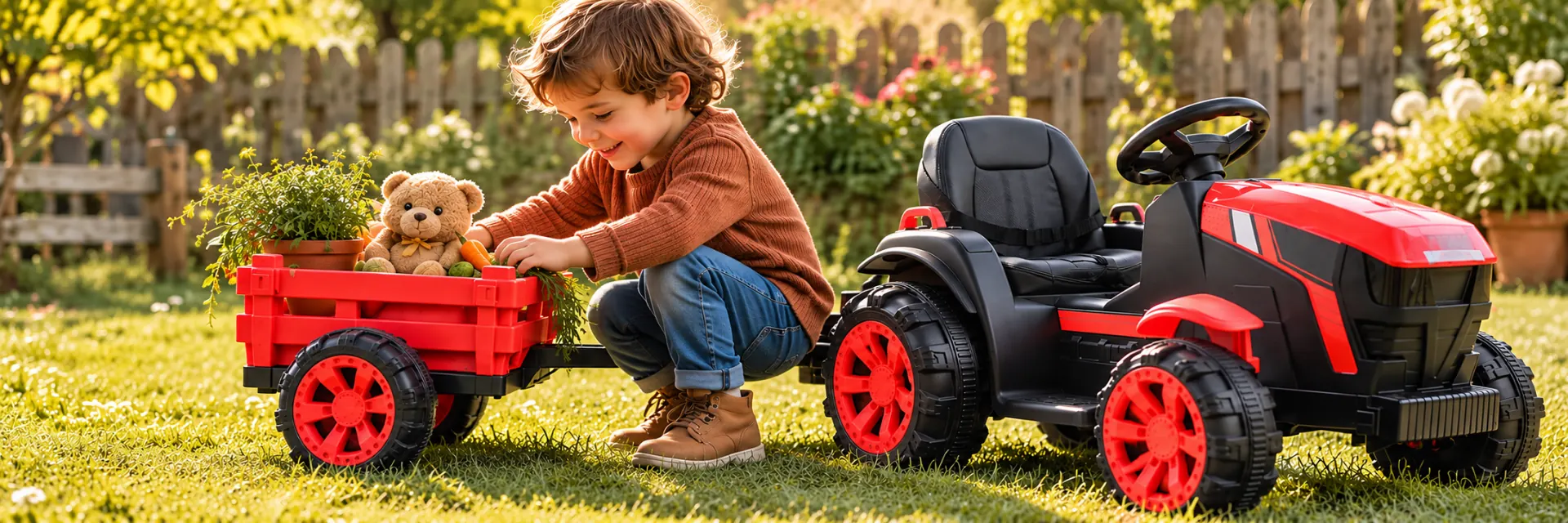 Child playing beside a red ride-on tractor and trailer with a teddy and garden plants.